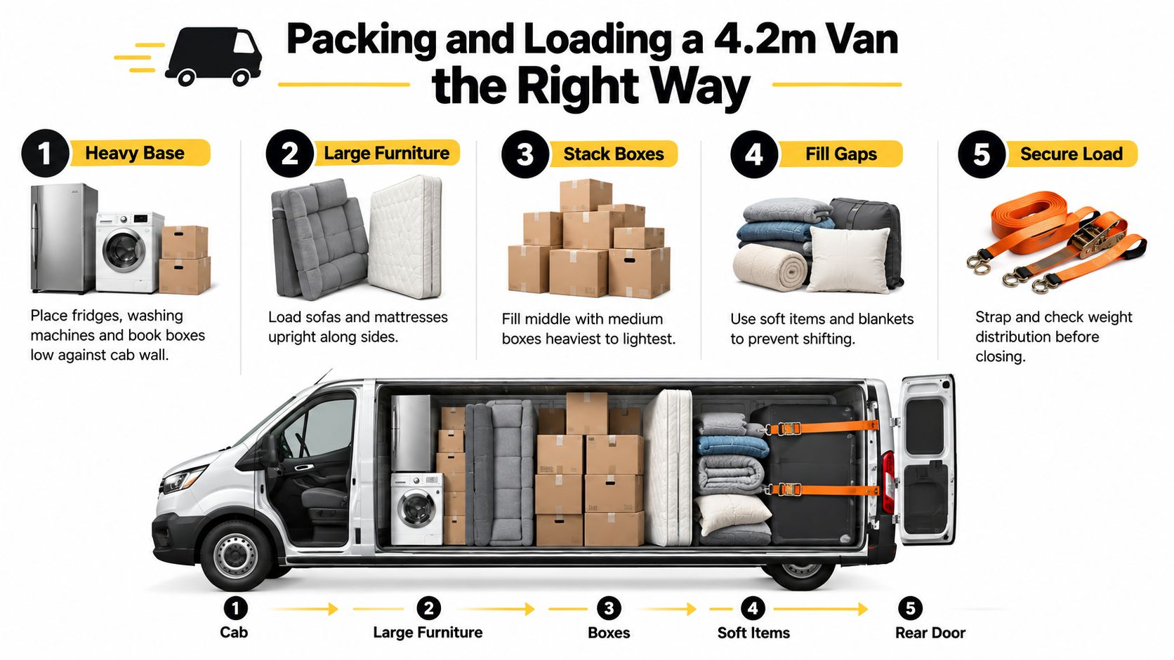 An infographic showing the step-by-step process for packing and loading items into a 4.2m moving van.