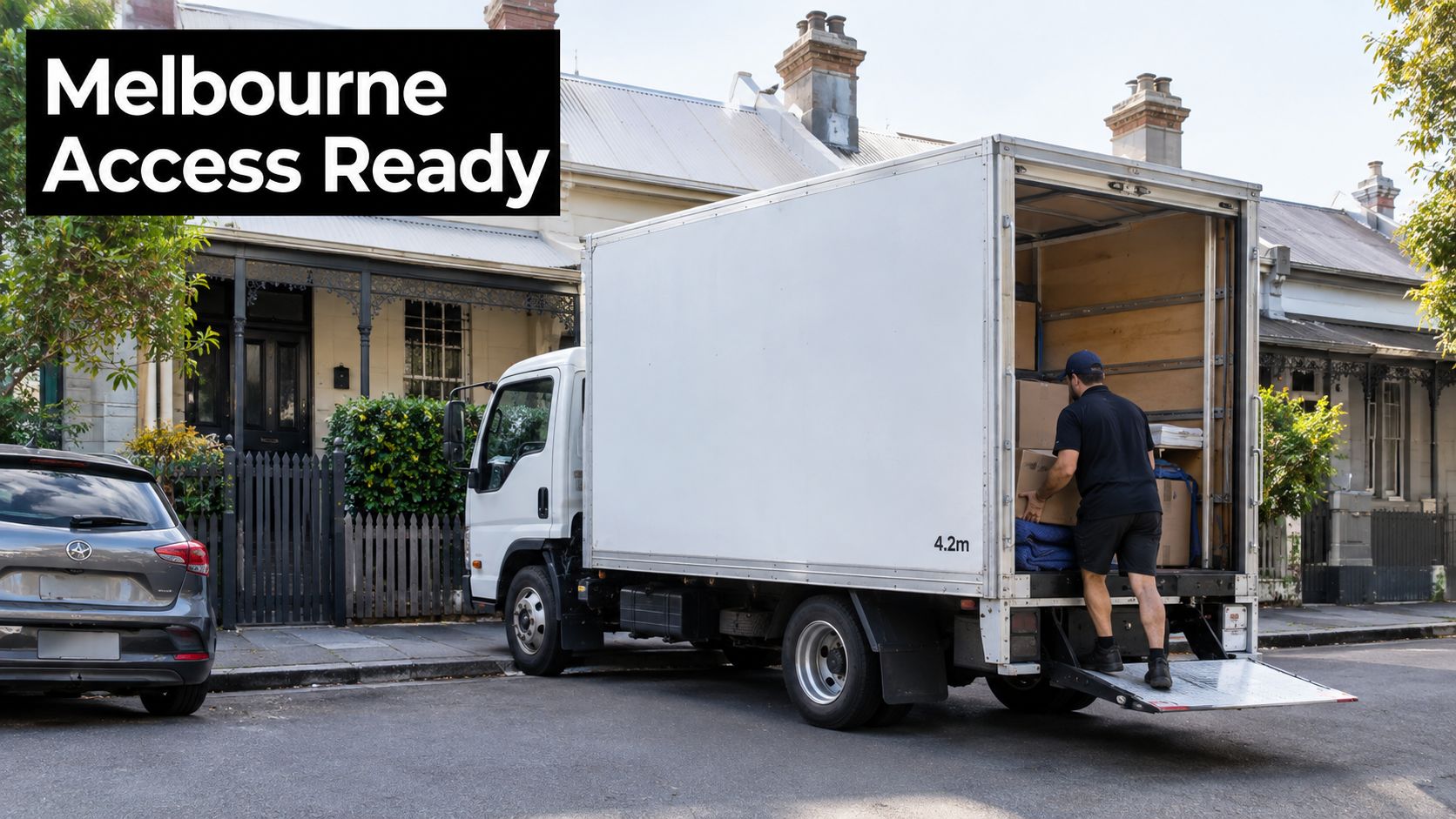 A professional mover loads boxes into a 4.2m white moving van parked on a quiet residential street.