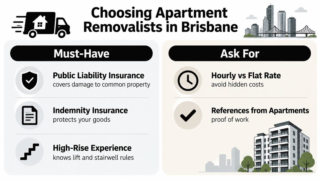 A helpful infographic showing key requirements to consider when choosing apartment removalists in Brisbane for your move.