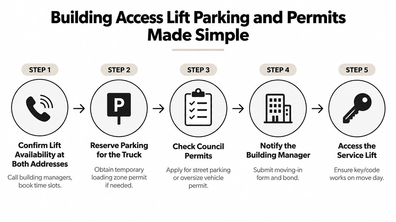A five-step guide for managing building access, lift parking, and moving permits for your relocation.