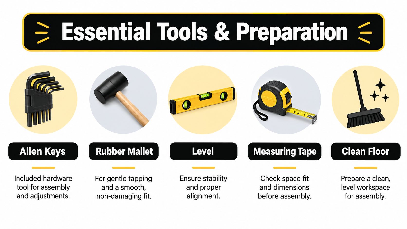 A graphic displaying essential tools and preparation steps needed for successful furniture assembly, including necessary hardware items.