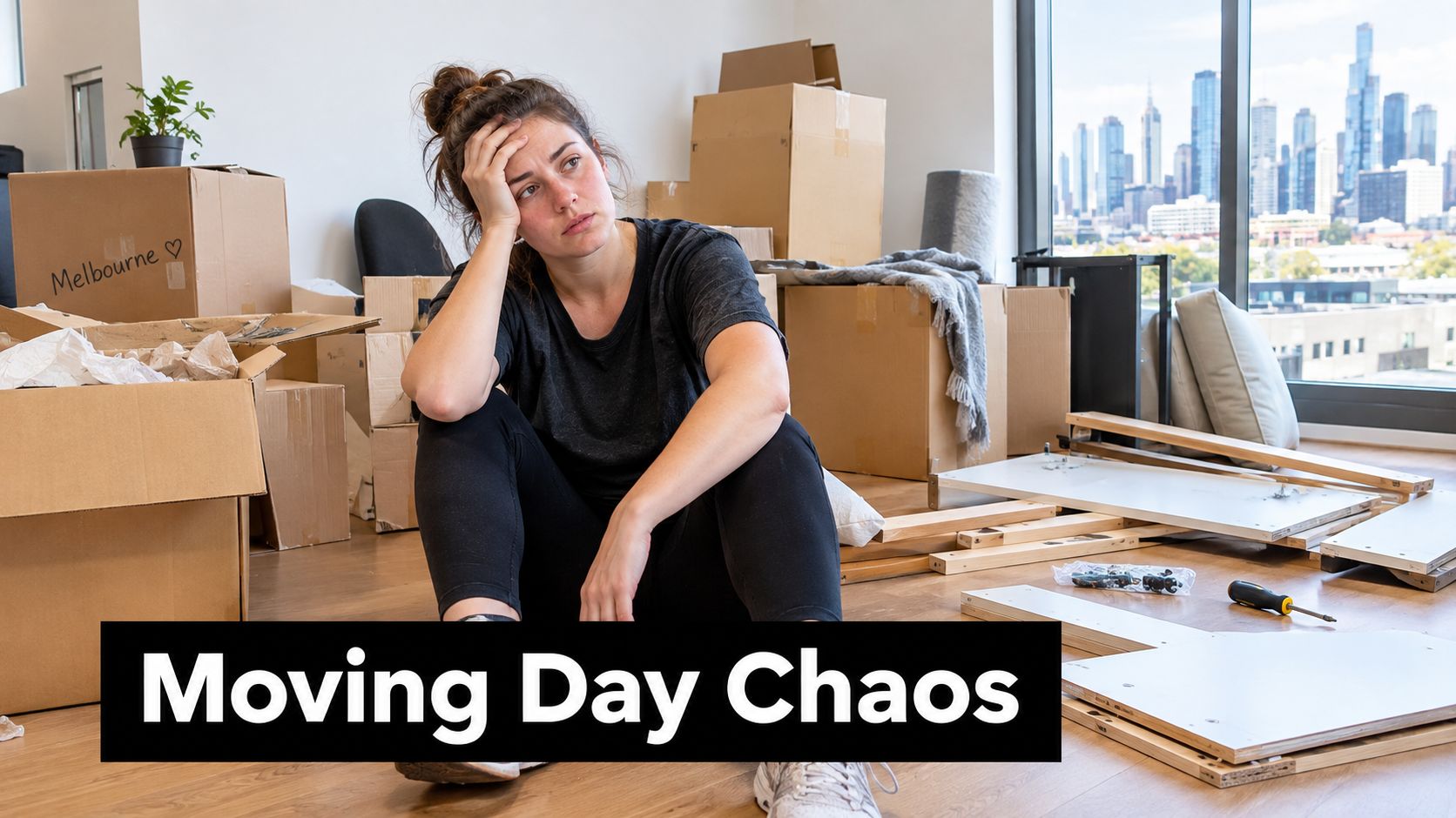 A stressed woman sitting on the floor surrounded by cardboard moving boxes and unassembled furniture parts.