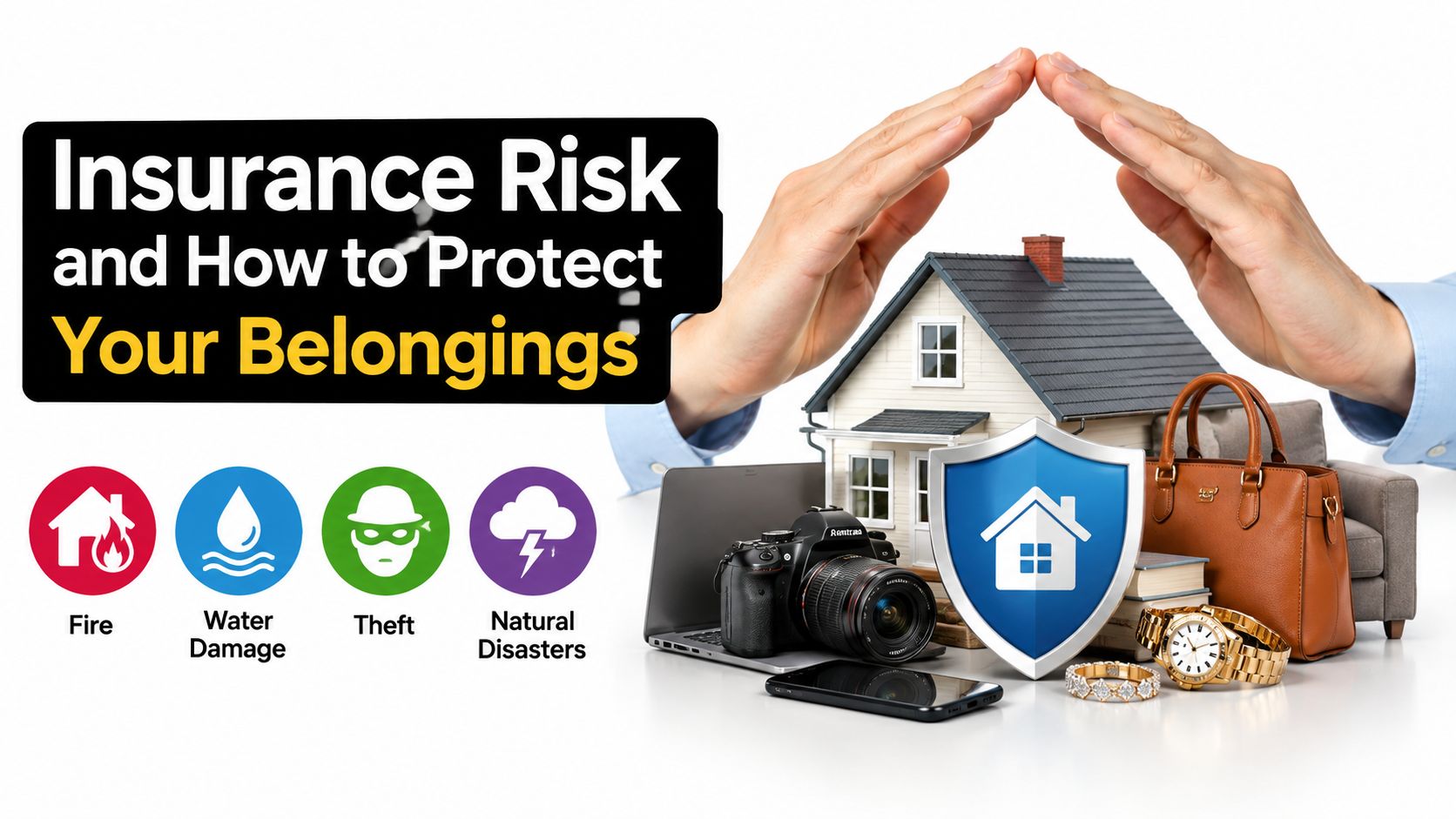 Hands protecting a house model and personal belongings from risks like fire, water damage, theft, and natural disasters.
