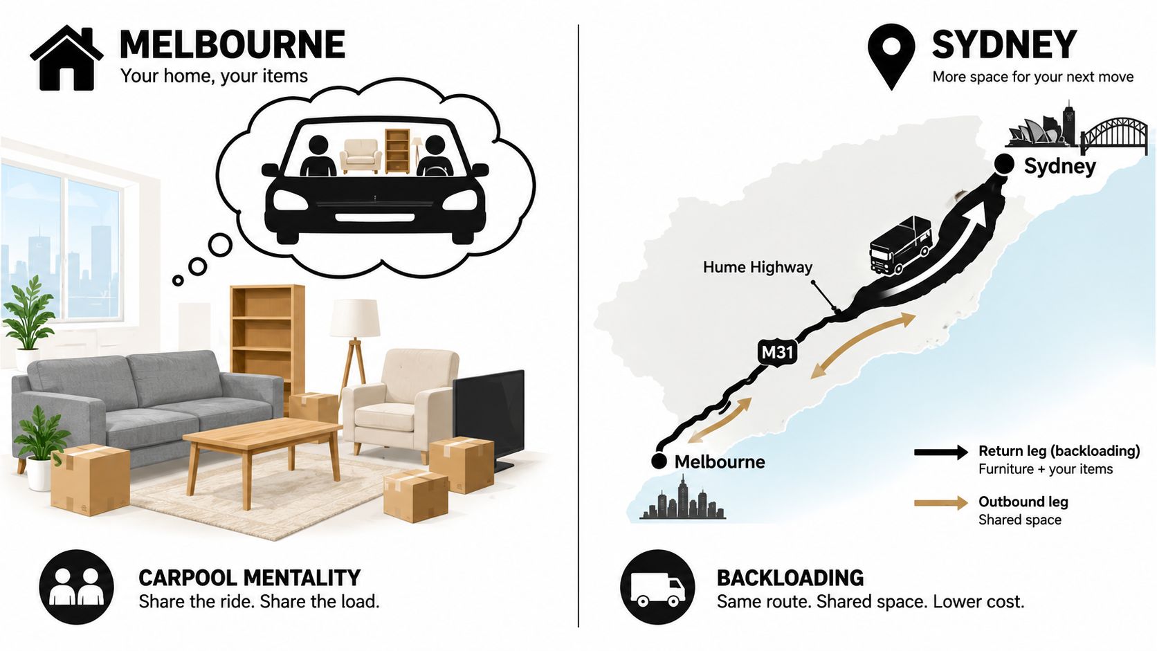 A visual explanation of backloading furniture moving services between Melbourne and Sydney using shared truck space.