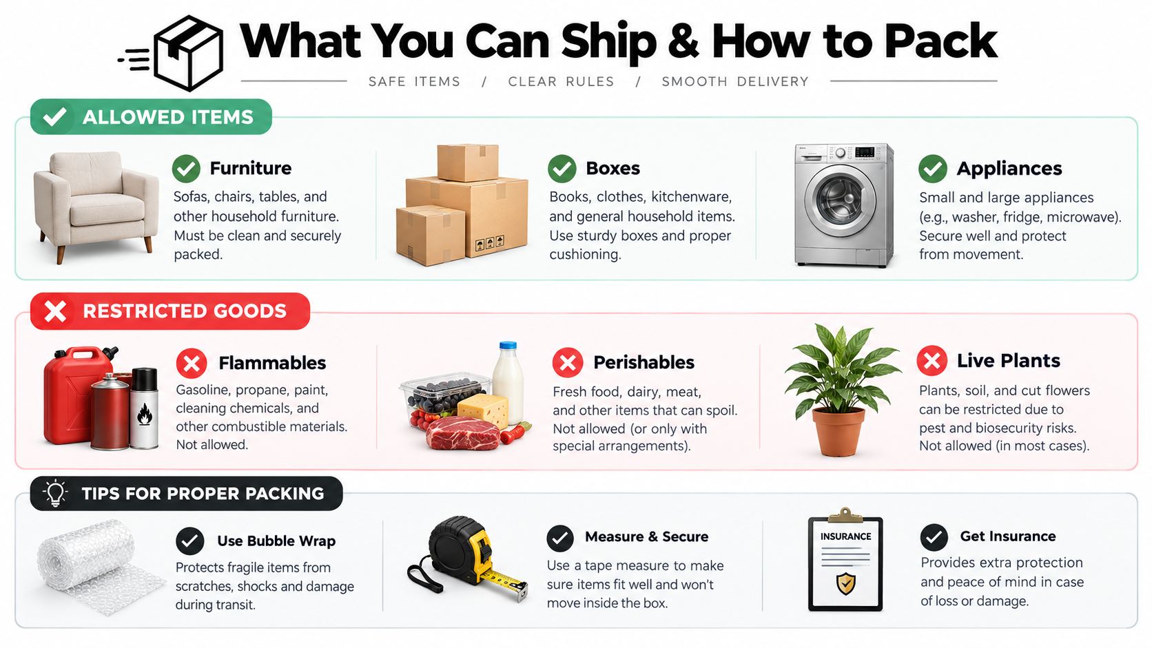 A helpful infographic outlining shipping guidelines, including allowed items, restricted goods, and packing tips for moving.