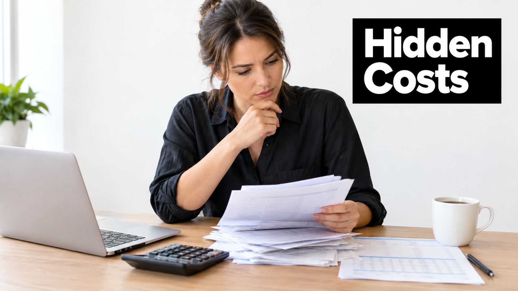 A businesswoman sitting at a desk with a laptop and calculator reviewing financial documents in an office.