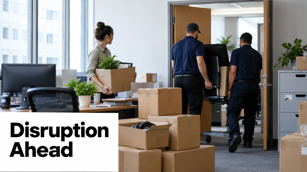 Professional movers relocating furniture and office supplies from a commercial office space during an office transition.