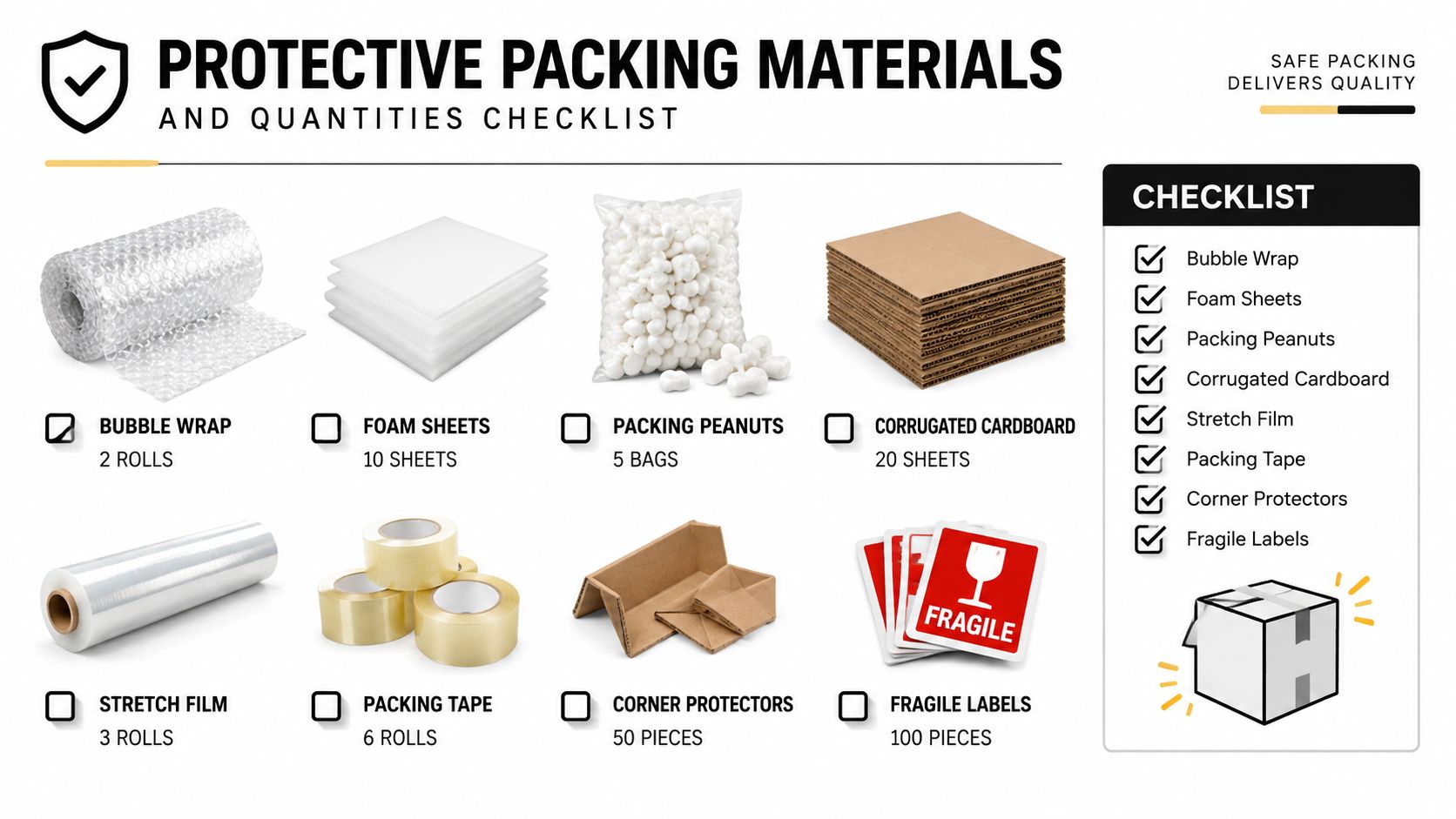 A checklist infographic titled Protective Packing Materials displaying various supplies for safely moving household items.