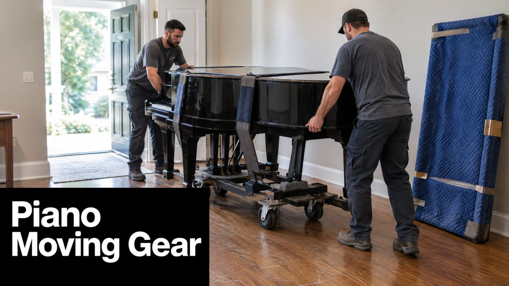 Two professional movers using a specialized piano board and straps to move a grand piano indoors.