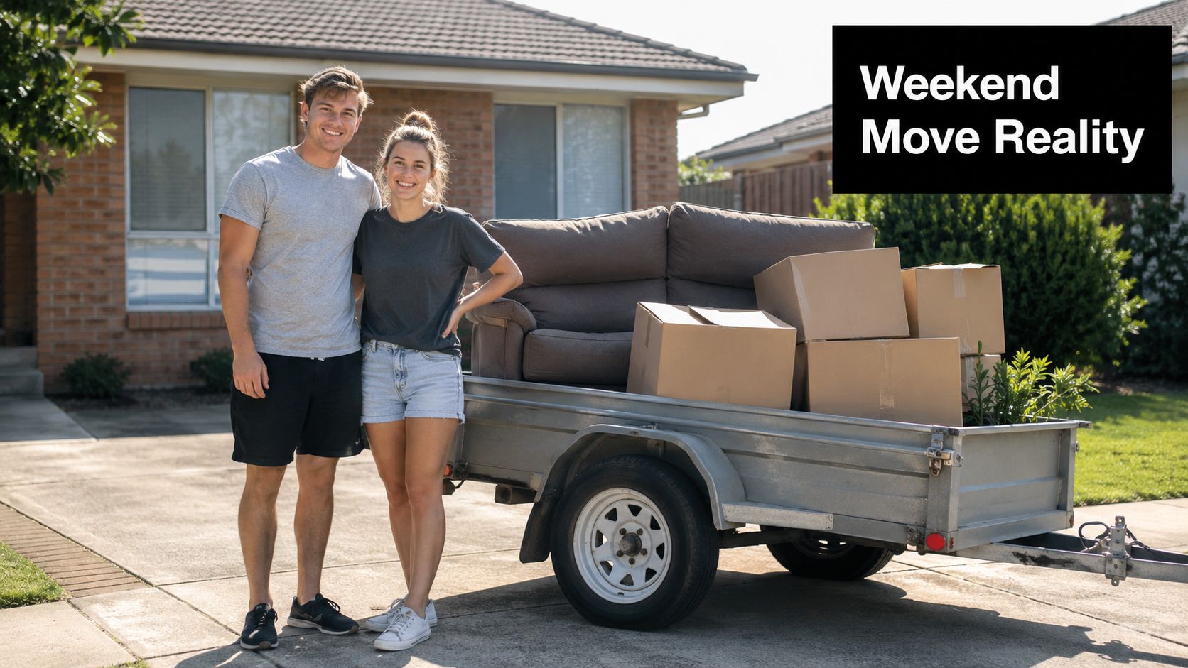 A smiling couple standing next to a trailer packed with cardboard boxes and a couch during a move.