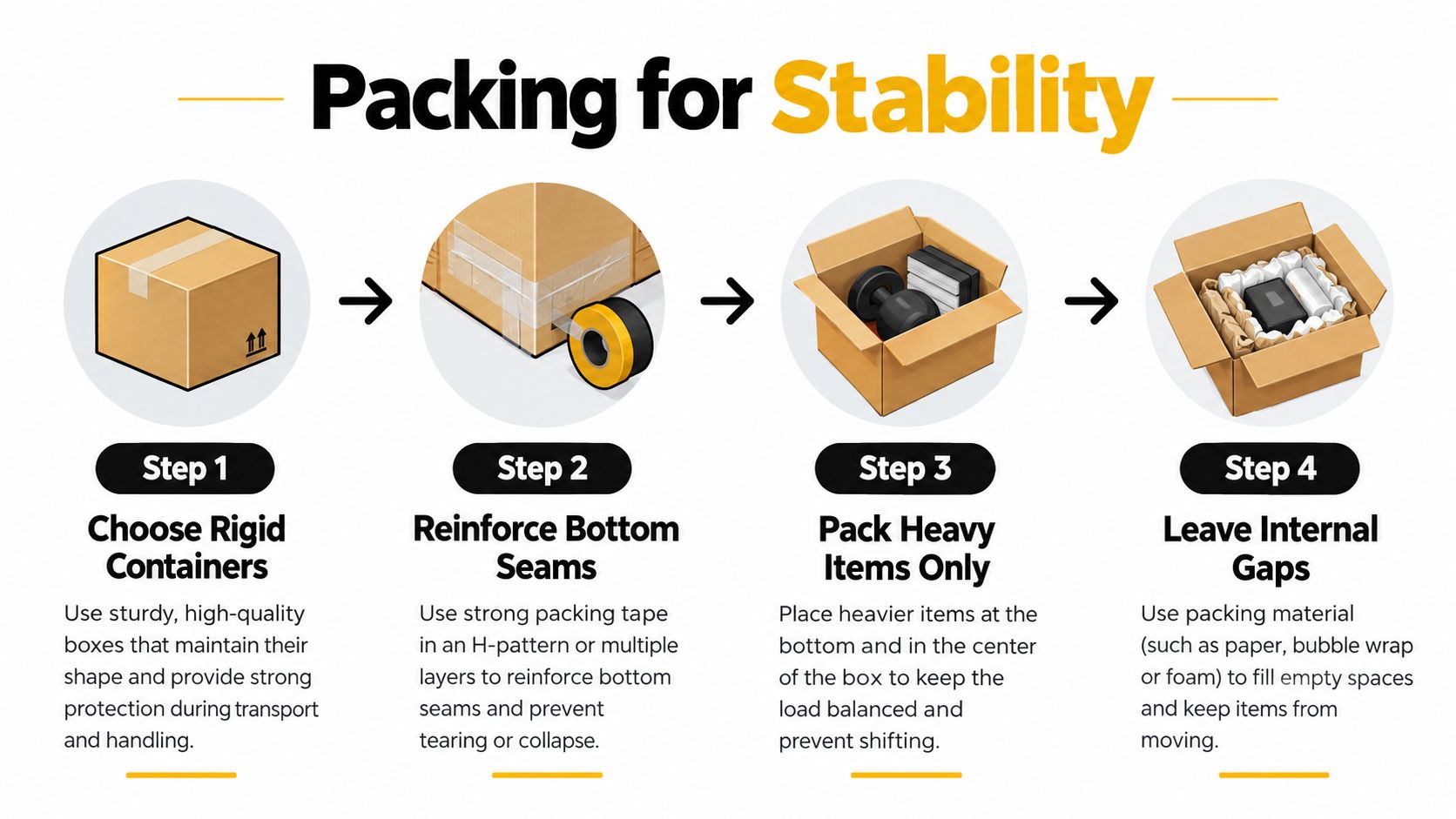 An infographic illustration showing four essential steps for packing boxes securely to ensure stability and protection.