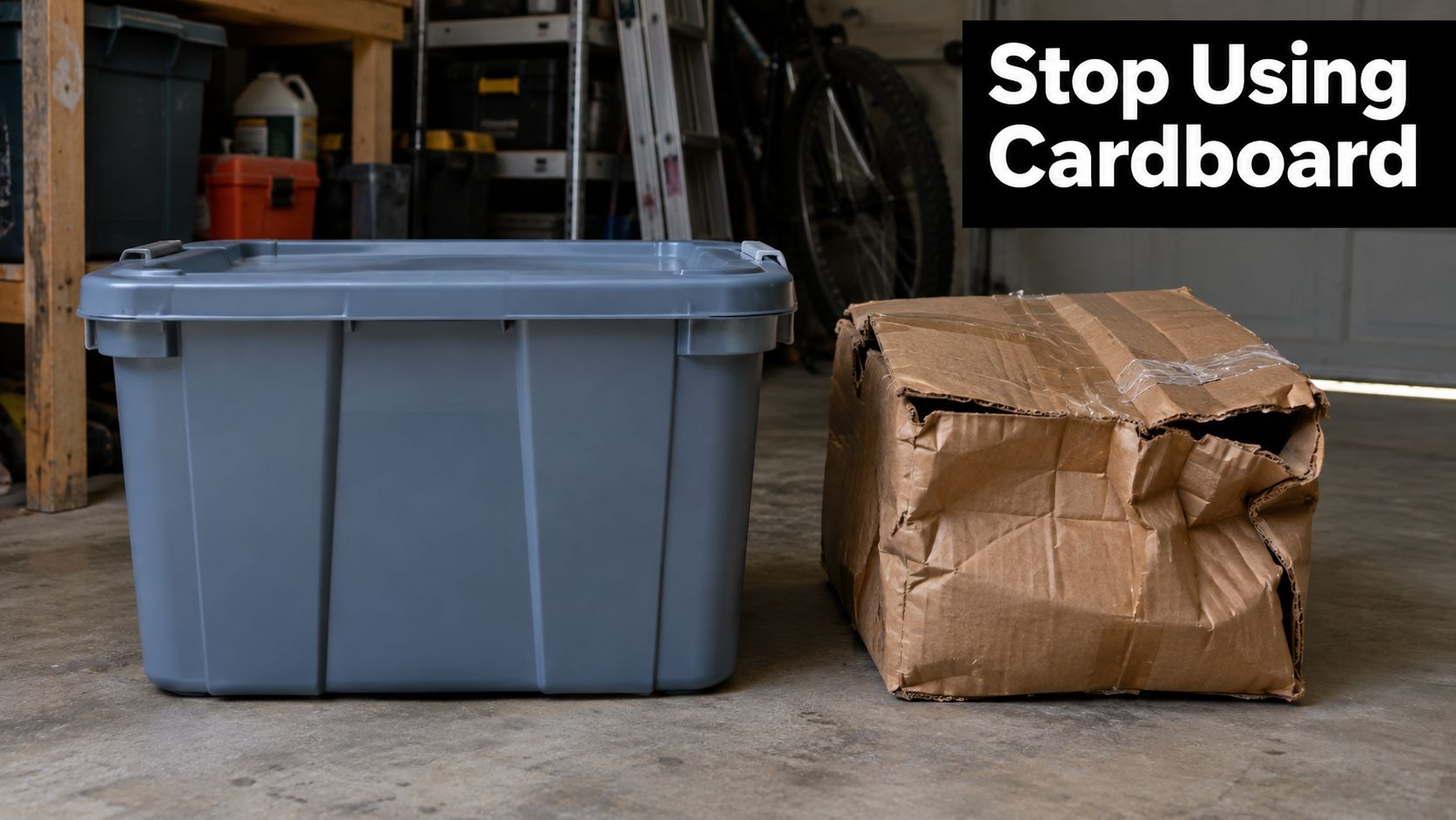 A gray plastic storage container sits next to a crushed, damaged cardboard box in a garage.