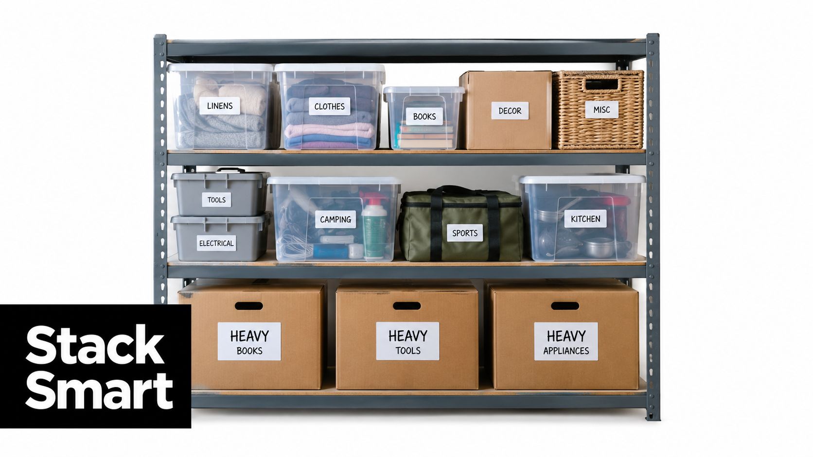 A metal shelving unit organized with labeled plastic bins, storage boxes, and baskets for long-term home organization.