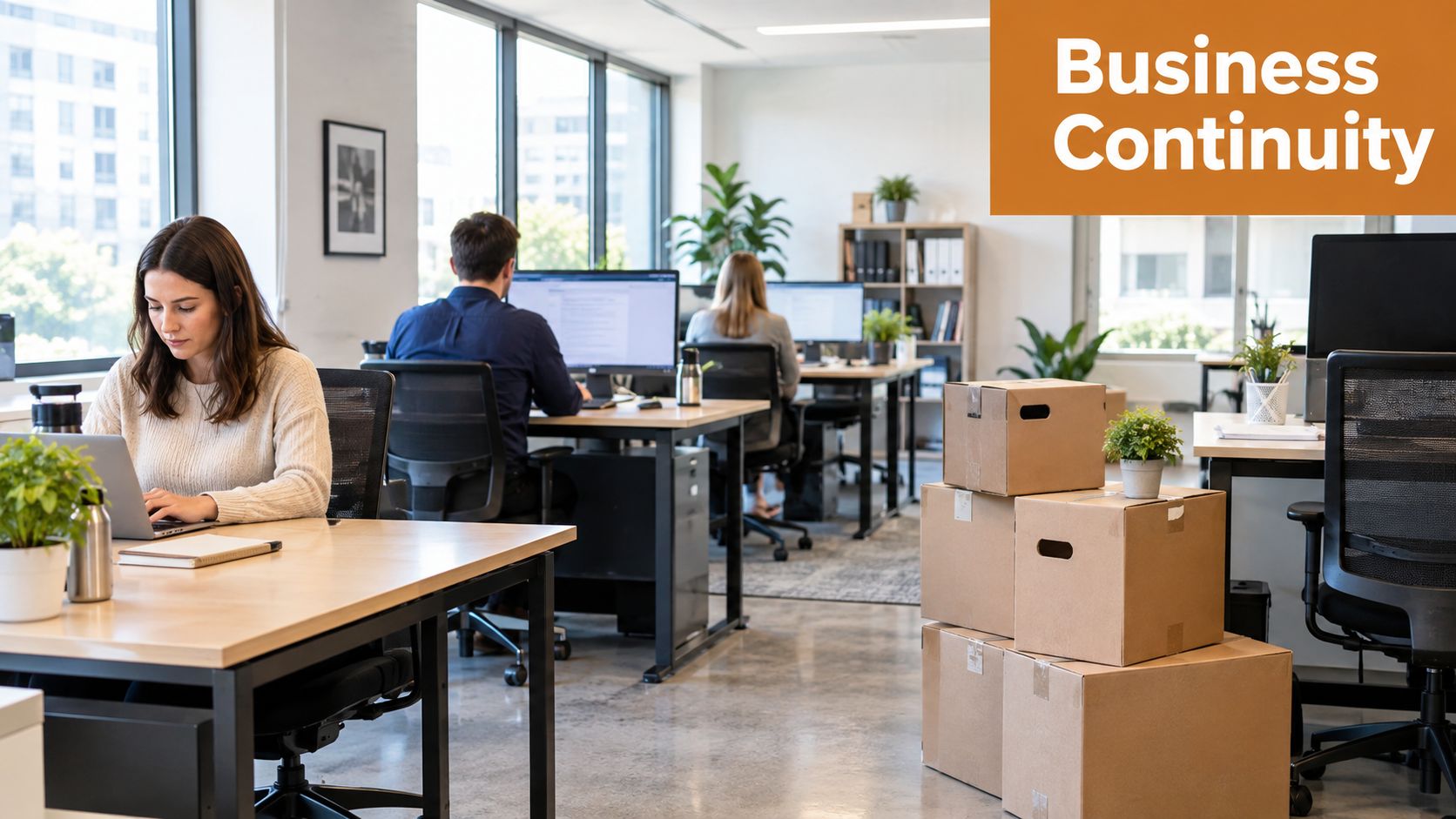 Employees working at their desks in a modern office, with cardboard boxes stacked in the foreground.
