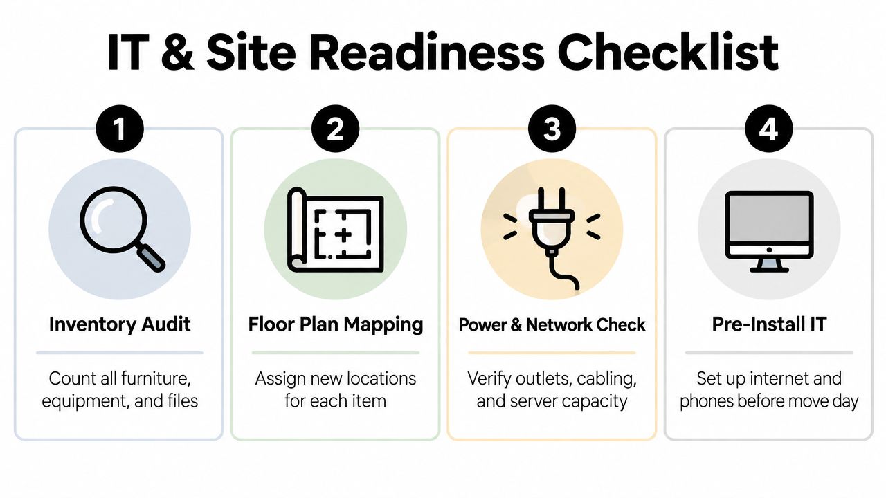 A four-step IT and site readiness checklist for office moves, covering inventory, floor planning, power, and IT.