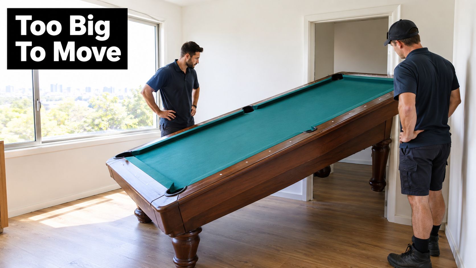 Two professional movers struggling to navigate a large pool table through a narrow doorway in a room.